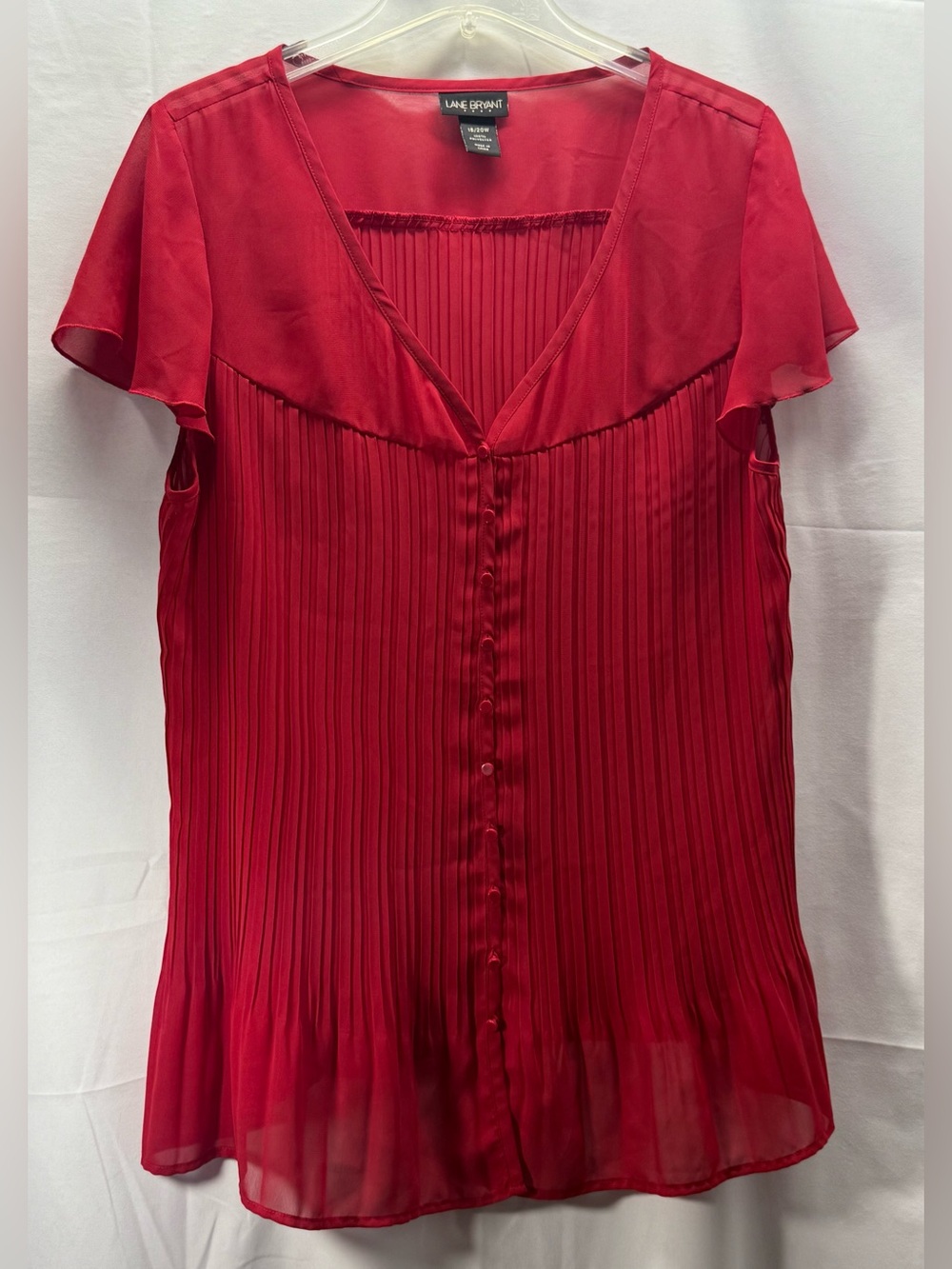 Lane Bryant Red Shear Pleated V-Neck Button Blouse Size 18/20W